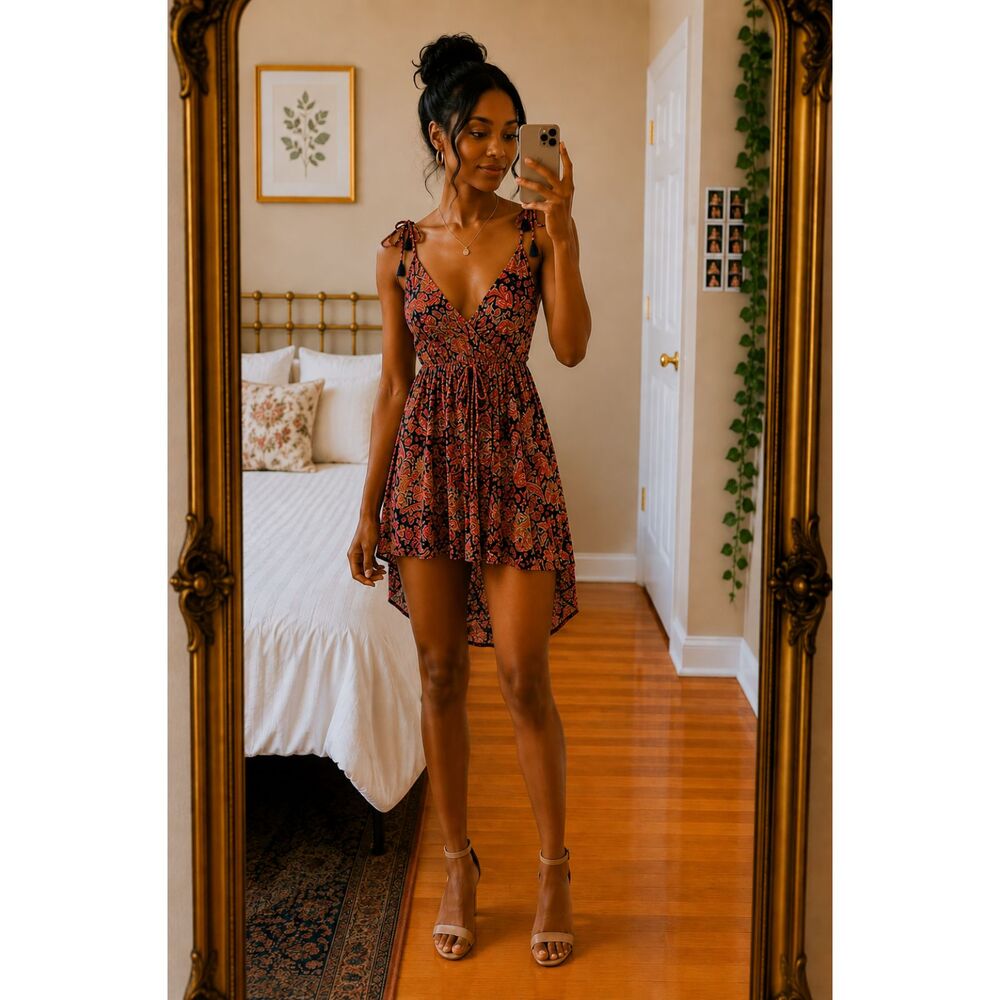Raga Women Paisley Print Halter Mini Dress XS Multicolor Spaghetti Tassel Straps
